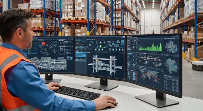 Man analyzing data on digital dashboards in modern warehouse