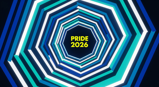Abstract tunnel of glowing hexagonal shapes in blue, teal, and white, representing forward movement and celebration, for pride events or futuristic themes