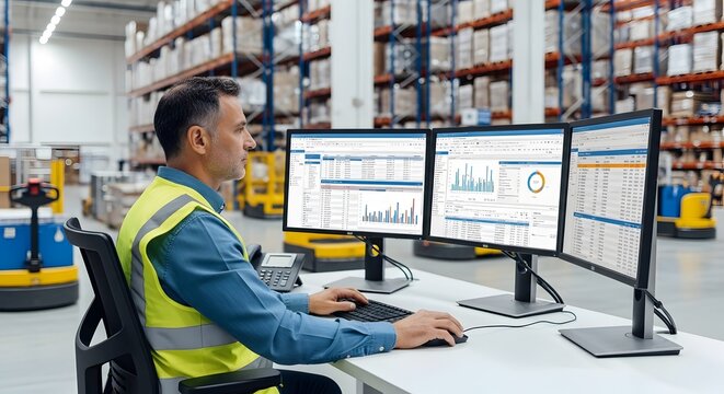 Man Analyzing Data on Multiple Monitors in Warehouse
