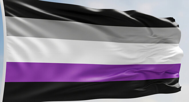 Waving flag with horizontal stripes of black, gray, white, and purple, symbolizing asexual pride and identity, a representation of community and belonging.