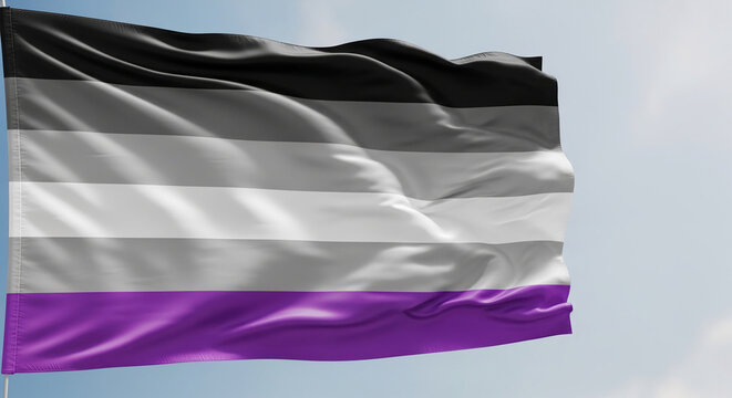 Waving flag with black, grey, white, and purple stripes against a soft blue sky, symbolizing asexual pride and identity, representing inclusivity and diversity