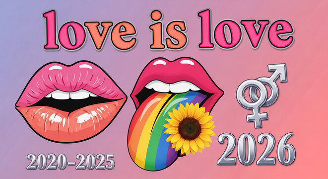 Vibrant lips with rainbow tongue and sunflower, alongside gender symbols, symbolizing love, acceptance, and equality. A celebration of diversity.
