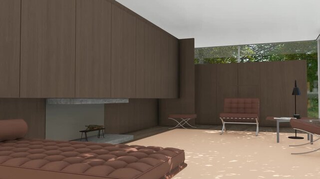 Modern Living Room With Brown Furniture And Large Windows Showing Green Outdoors During Daytime