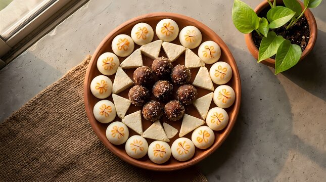Traditional Indian dessert platter featuring sandesh, barfi, and gulab jamun arranged in a circular pattern.