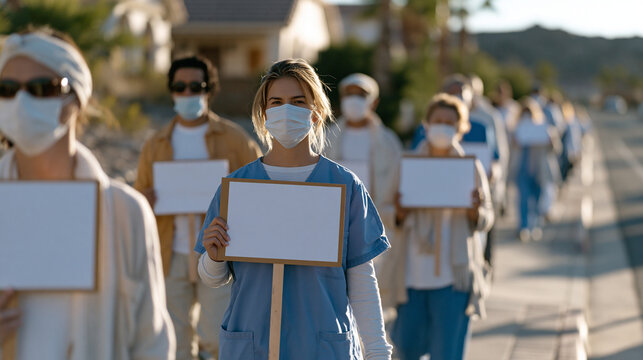 Hospital workers and neighborhood residents marching in a quiet line through a city block in a community protest with dignity, multicultural group carrying laminated signs, the