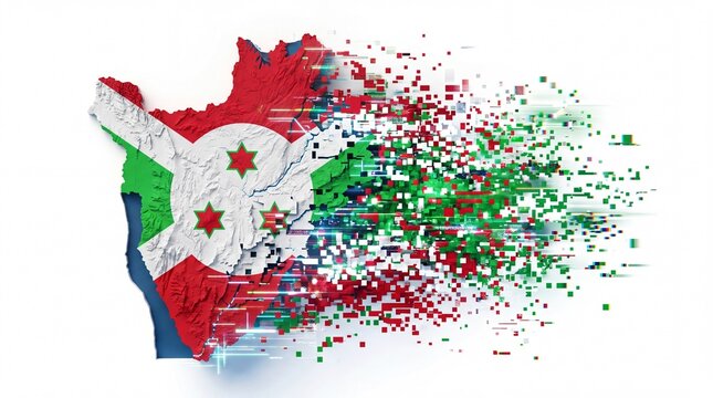 Creative concept map of Burundi with flag design dissolving into digital pixel fragments on white.