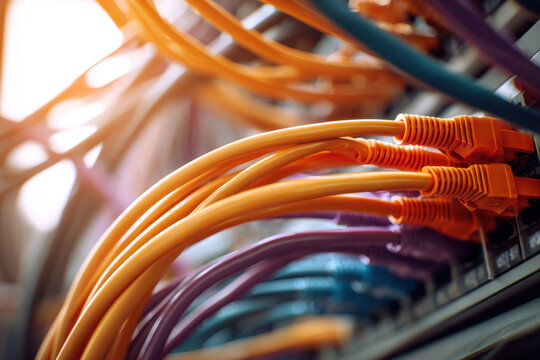 Efficient cable management in modern data center. Colorful network cables and status indicators. Close up colorful patch cables in server rack, orange purple ethernet cords. Switch, LEDs, metal ports