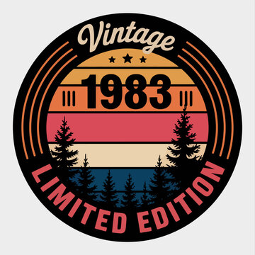 A retro badge design featuring the text 'Vintage 1983 Limited Edition'. The background showcases a sunset with silhouettes of pine trees.
