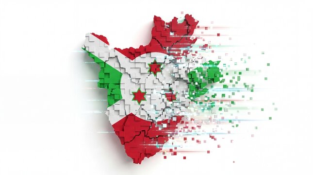Abstract representation of Burundi map with flag colors breaking into small square pixelated pieces.