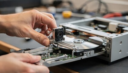 Fototapeta premium Technicians hands carefully aligning the optical pickup in a CD trayloading player with the workspace and tools artistically out of focus in the background.