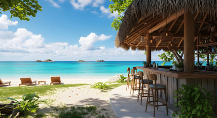 Fototapeta premium Tropical beach bar with thatched roof overlooking turquoise ocean and sandy beach