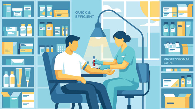 Medical professional performing a venous blood draw procedure on a patient in a bright, modern phlebotomy clinic; clinical venipuncture for diagnostic testing and laboratory analysis.