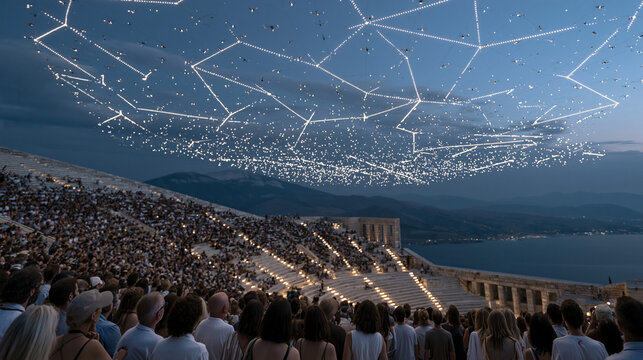 Swarm of synchronized aerial drones traces geometric constellation patterns above open-air amphitheater at night, crowd of thousands watching from below in awe, entertainment