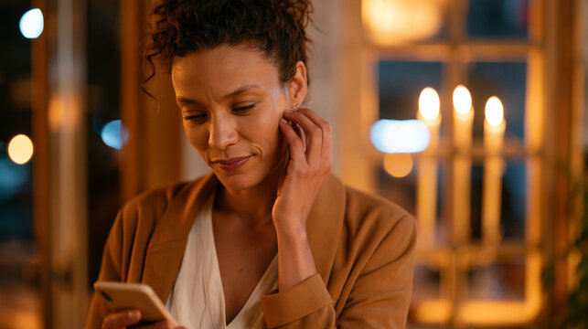 Single mother in business casual attire nervously adjusting earring outside restaurant entrance, babysitter texting confirmation visible on her phone screen, warm candlelit glow