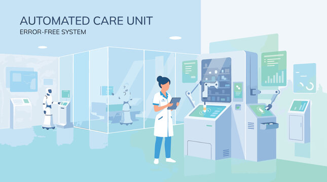 Professional nurse in blue scrubs checking a medication dispenser for a patient in a healthcare facility, ensuring accurate drug administration and patient safety protocols.