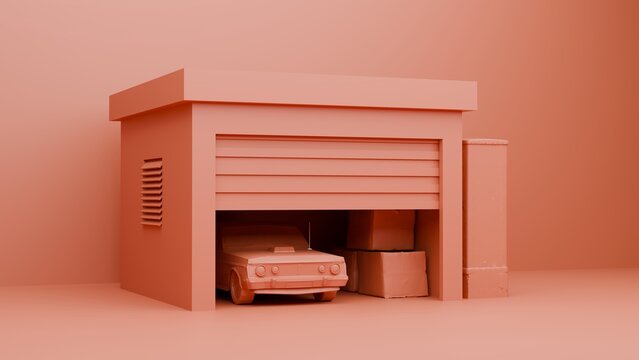 Minimalist 3D render of a monochrome terracotta garage interior with a classic car and boxes under a roller door