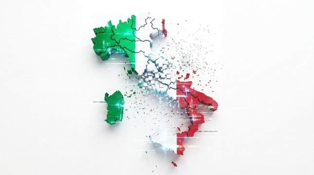 Glitch effect map of italy showing digital decay and data loss with 3d voxel structure on white space.