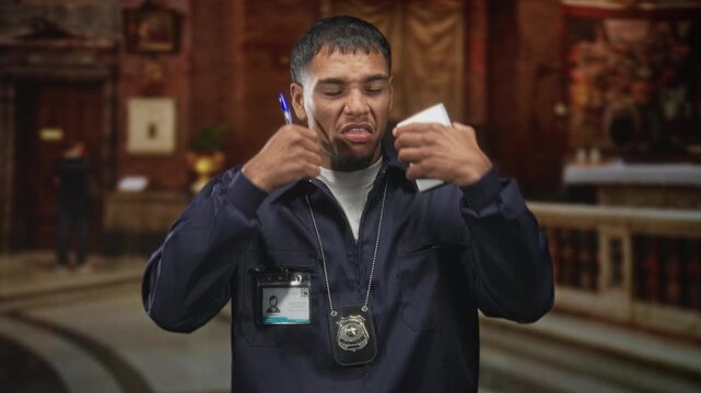 Detective man wearing badge and lanyard holds notepad and blue pen and rubs ear in building; investigation frustration.