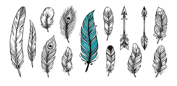 Hand Drawn Tribal Feathers and Boho Arrows Set with Decorative Mandala Patterns and Teal Accent