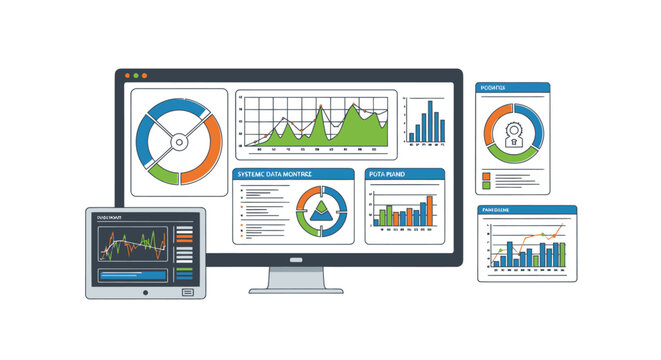 Business data analysis dashboard with various charts and graphs on screen