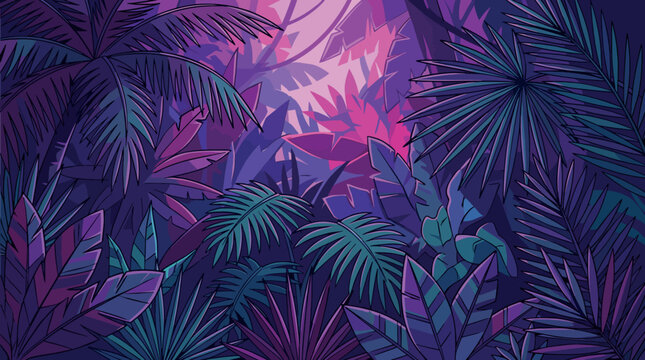 Dense tropical foliage background featuring various green palm fronds, fern leaves, and exotic jungle plants in a lush, layered composition suitable for nature-themed designs.