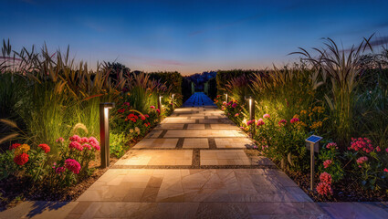 Fototapeta premium Illuminated Garden Path Leading to Distant Archway at Twilight