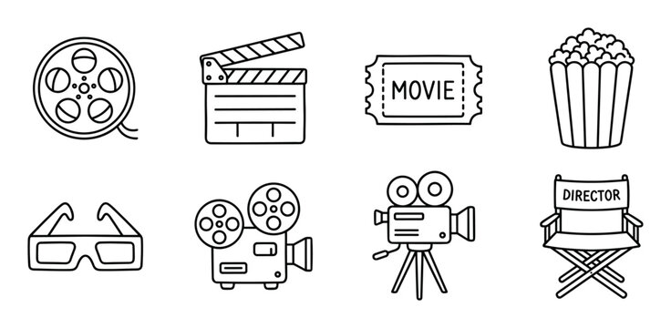 Cinema and movie outline icons set with film reel, clapperboard, ticket, popcorn, camera, director chair and glasses on transparent background