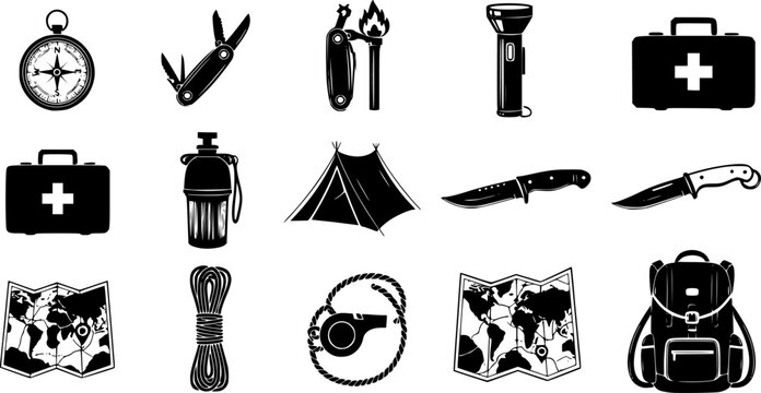 Set of twelve survival gear silhouettes, isolated on white background with high contrast
