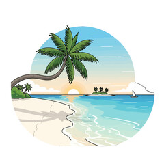 Fototapeta premium A peaceful tropical beach scene with a palm tree at sunset time