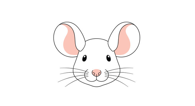 Clean line art illustration of a cute white mouse head with pink inner ears and long whiskers facing forward on a white background.
