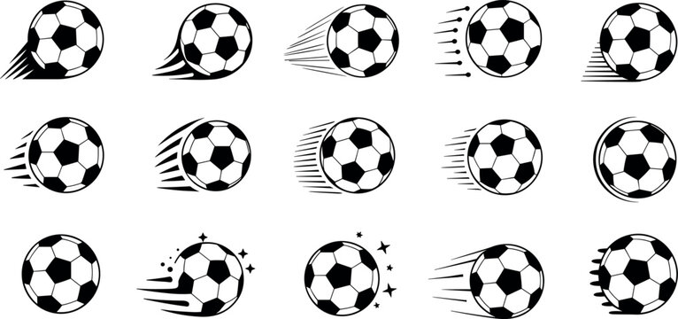 Dynamic flying soccer ball icon set with speed motion lines for sports tournament football league and athletic club competition logo design