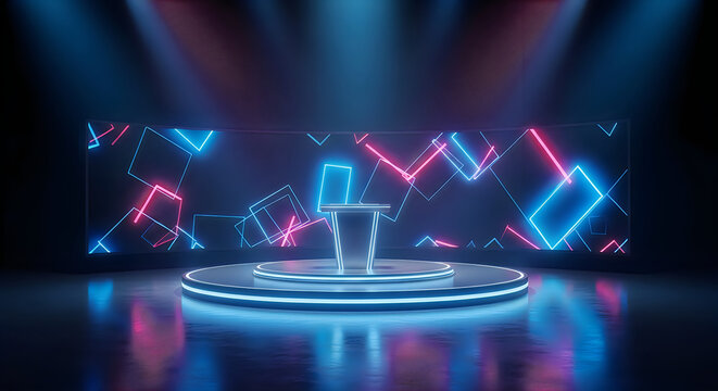 Futuristic chair with glowing electric lines on stage