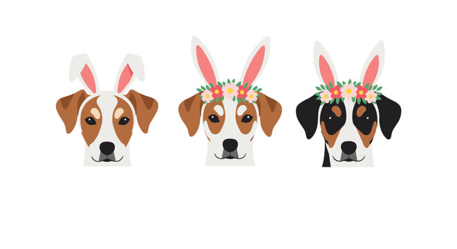 Trio of jack russell terrier dog heads wearing pink bunny ears and floral crowns for a cute easter or springtime theme.