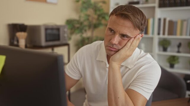 Man with hand on cheek staring at computer monitor in office building, slumped at desk with idle keyboard and pensive posture; boredom slump.