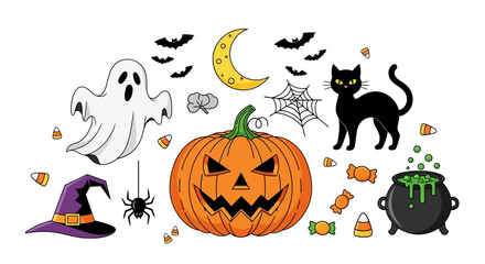 Halloween icons including pumpkin and cat. © Kaff