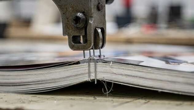 Trade magazine binding scene featuring a stapler fastening the spine capturing the sharp metal staples in focus and industrial workspace fading softly behind.