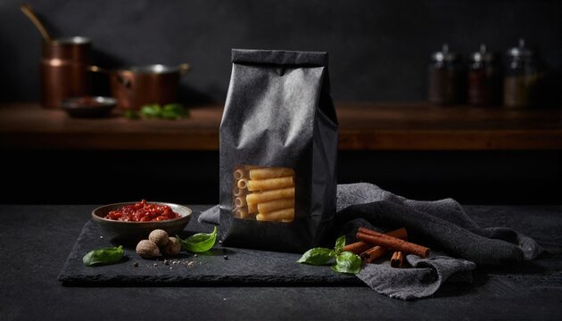 Gourmet ziti pasta in dramatic restaurant lighting