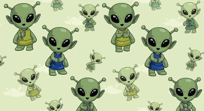 Cute Cartoon Aliens Pattern, Little Green Men, Space Creatures, UFO, Sci-Fi, Kawaii Style
