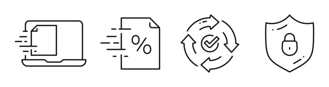 Laptop document transfer showing percent, sync, and shield icons. Editable stroke