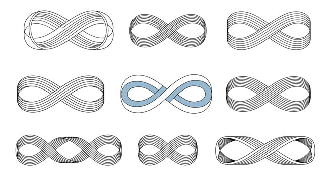 Set of diverse infinity symbols in various graphic styles including line art, 3D ribbons, and a blue-filled M�bius strip version.