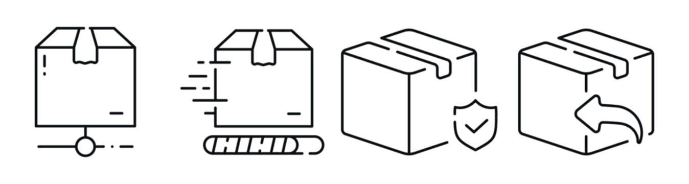 Parcel icons indicating shipping, tracking and returns processes. Editable stroke