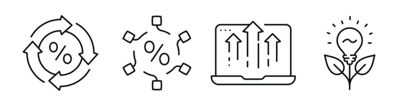 Percent and growth icons depicting increase recycling and ideas. Editable stroke