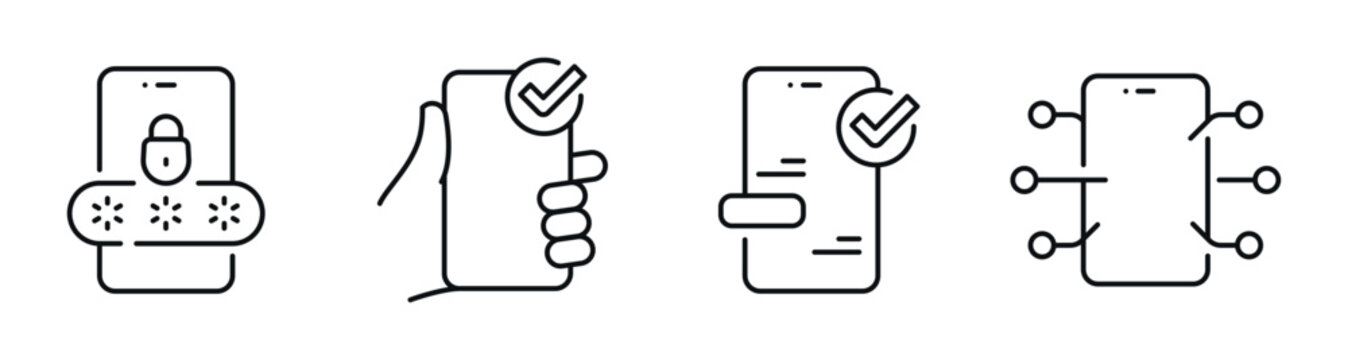 Mobile security icons showing verification and authentication. Editable stroke