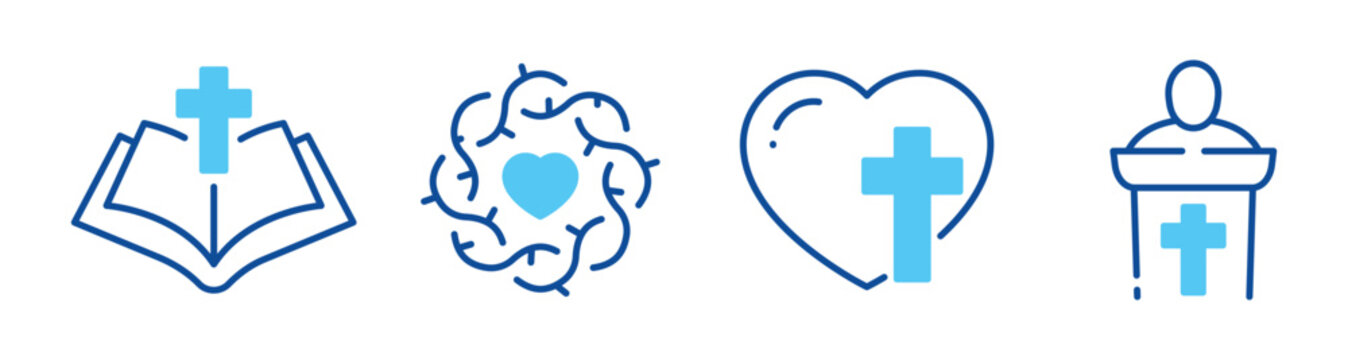 Christian icons representing faith care and church services. Editable stroke