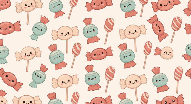 Cute Kawaii Candy Pattern, Sweet Treats, Lollipops, Wrapped Candies, Seamless Background