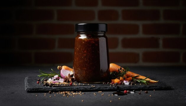 Jar of dark vegetable relish with moody lighting
