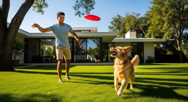 Man playing frisbee with joyful golden retriever dog in yard