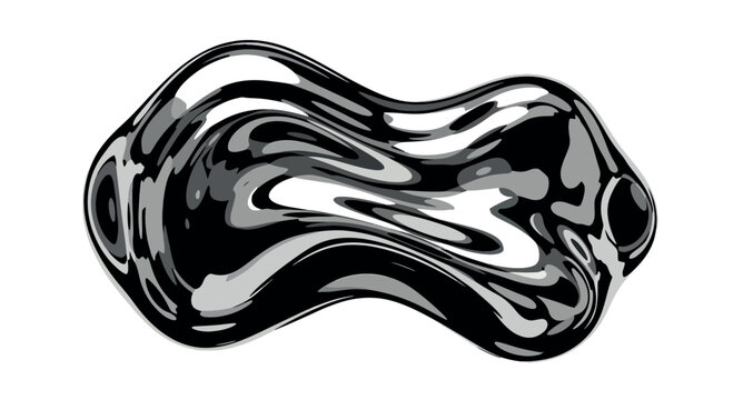 A fluid amorphous blob of liquid mercury floats against a white background, showcasing a highly reflective metallic surface, organic silver curves, and viscous liquid properties.