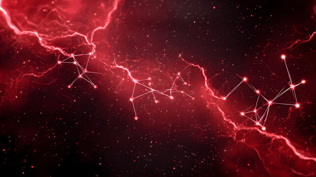 Abstract technology background with red lightning and glowing connections creating vibrant
