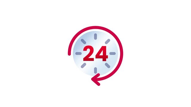 A circular timer icon styled with red arrows and the number 24 in the center representing round-the-clock availability, continuous service, or a 24-hour operational cycle